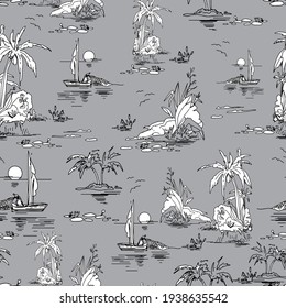 Beautiful seamless island pattern on gray background. Landscape with palm trees,beach and ocean vector hand drawn style. Black and white linear landscape