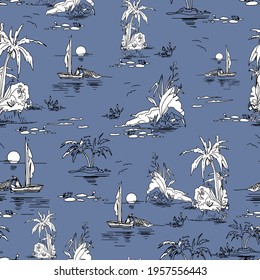 Beautiful seamless island pattern on dark blue background. Landscape with palm trees, beach and ocean vector hand drawn style. Black and white linear landscape