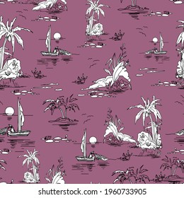 Beautiful seamless island pattern on dark pink background. Landscape with palm trees, beach and ocean hand drawn style vector. Black and white linear landscape