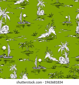 Beautiful seamless island pattern on green background. Landscape with palm trees, beach and ocean vector hand drawn style. Black and white linear landscape