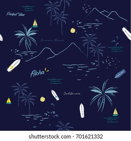 Beautiful seamless island pattern on navy blue  background. Landscape with palm trees,beach and ocean vector hand drawn style.