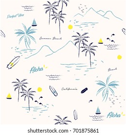 Beautiful Seamless Island Pattern On White Background. Landscape With Palm Trees,beach And Ocean Vector Hand Drawn Style.