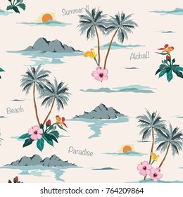 Beautiful Seamless Island Pattern On Light Beige Background. Landscape With Palm Trees,beach And Ocean Vector Hand Drawn Style.