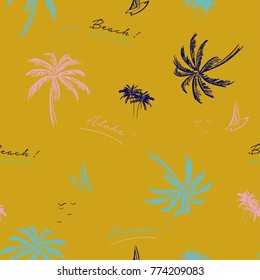 Beautiful seamless island pattern on yellow  background. Landscape with colorful palm trees,beach and ocean vector hand drawn style.
