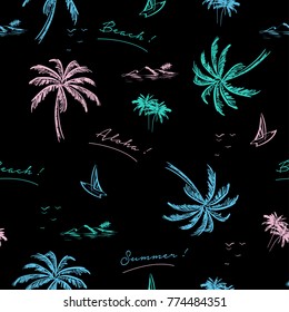 Beautiful seamless island pattern on black background. Landscape with colorful neon color palm tree,beach and ocean vector hand drawn style.