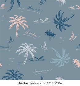 Beautiful seamless island pattern on sky blue background. Landscape with colorful palm trees,beach and ocean vector hand drawn style. Beautiful seamless island pattern on sky blue background. Landscape with colorful palm trees,beach and ocean vector hand drawn style.