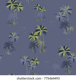 Beautiful seamless island pattern on smoke blue background. Landscape with palm trees,beach and ocean vector hand drawn style.