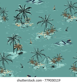 Beautiful seamless island pattern on green mint background. Landscape with palm trees,beach and ocean vector hand drawn style.