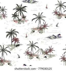 Beautiful seamless island pattern on white background. Landscape with palm trees,beach and ocean vector hand drawn style.