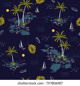 Beautiful seamless island pattern on dark blue background. Landscape with palm trees,beach and ocean vector hand drawn style.