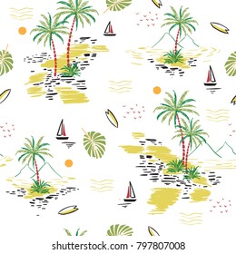 Beautiful seamless island pattern on white background. Landscape with palm trees,beach and ocean vector hand drawn style.