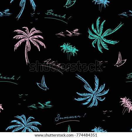Beautiful seamless island pattern on black background. Landscape with colorful neon color palm tree,beach and ocean vector hand drawn style.