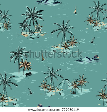 Beautiful seamless island pattern on green mint background. Landscape with palm trees,beach and ocean vector hand drawn style.