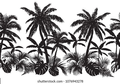 Beautiful  seamless line horizontal pattern background  with jungle  silhouette coconut palm trees, banana trees, tropical leaves. Monochrome vector flat illustration isolated on white background. 