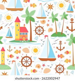 Beautiful seamless marine print for baby fabric. Yachts, islands, palm trees, lighthouse, fish, steering wheel, anchor, compass, shells, seagulls on a white background in vector.