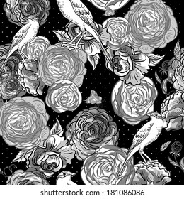 Beautiful Seamless Monochrome Rose Background with Birds and Butterflies