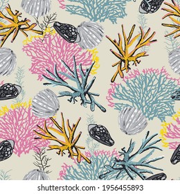 Beautiful Seamless natural pattern with corals and algae pastel mood background Vector illustration,Design for fashion , fabric, textile, wallpaper, wrapping and all prints on light beige 
