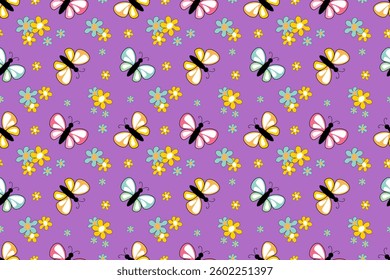 Beautiful seamless natural pattern on purple background. Colorful cute butterflies and wildflowers. Yellow, blue, pink, white colors. Blooming garden. For packaging, textiles, background, wallpaper.