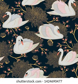 Beautiful seamless natural pattern with pastel color swans and beautiful big chrysanthemums.