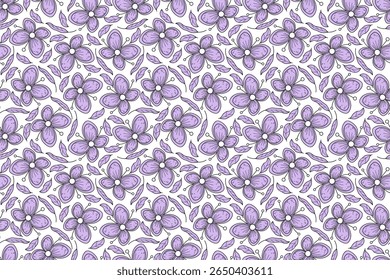 Bonito padrão natural sem emenda com flores roxas e folhas no fundo branco. Meio ambiente, botânica, flora. Para papel de parede, têxteis, embalagens e fundos.