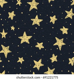 Beautiful seamless night sky pattern with textured stars, hand drawn.