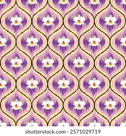 A beautiful seamless ogee pattern with Ikat-inspired textures and elegant orchid flowers. The intricate details and vibrant colors give this design a rich, exotic feel.