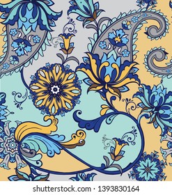 Hermoso Patrón De Paisley Oriental Sin Pella. Papel pintado de flores. Comedor decorativo para tela, textil, papel envuelto.Patrón tradicional de paisajes.
