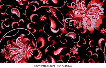 beautiful seamless oriental pattern with  decorative gray and red flowers on a black background for design, colored vintage ornament  with abstract  flowers 