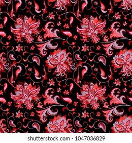 beautiful seamless oriental pattern with  decorative gray and red flowers on a black background for design, colored vintage ornament  with abstract  flowers 
