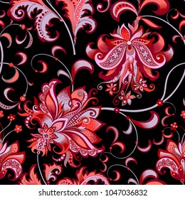 beautiful seamless oriental pattern with  decorative gray and red flowers on a black background for design, colored vintage ornament  with abstract  flowers 