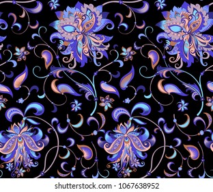 beautiful seamless oriental pattern with  decorative  blue flowers on a black background for design, colored vintage ornament  with abstract  flowers 