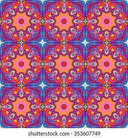 Beautiful seamless ornamental tile background. Patchwork blue and red vector illustration.