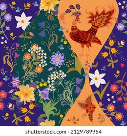 Beautiful seamless patchwork pattern with fabulous peacock, flowers, leaves, butterflies in vector. Print for pillow, pillowcase, napkin, pocket, bag.