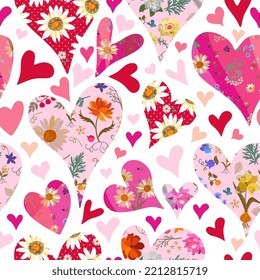 Beautiful seamless patchwork pattern with hearts with flowers. Romantic vector design for Valentines day