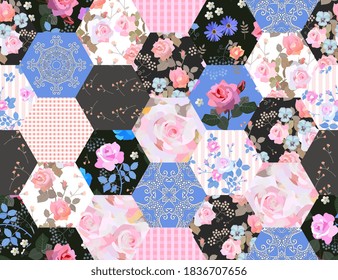 Beautiful seamless patchwork pattern from hexagonal patches with floral, lace and geometric ornaments.