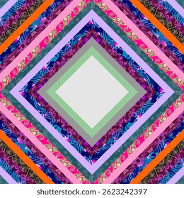 Mooi naadloos patchwork patroon met strepen en een solide diamant in het midden. Boho print voor tafelkleed, deken, kussen, stof in folkloristische stijl.