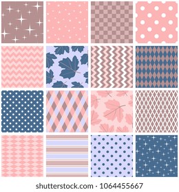 Beautiful seamless patchwork in pink, blue and brown colors. Square patterns with leaves, stars, polka dot, zigzag and rhombus in shabby chic style. Vector illustration. Quilting design.