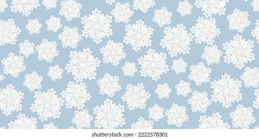 Beautiful seamless pattern with 3d paper white volumetric snowflakes on gray. Winter season symbol great for New year or Christmas party posters, headers, seasonal wallpaper, winter background. Vector
