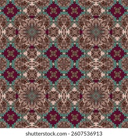 Beautiful seamless pattern with abstract floral ornament and curls in burgundy, beige, brown and emerald tones. Hand-drawn print for fabric, scarf, carpet, tablecloth.