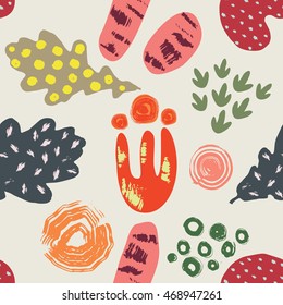 Beautiful seamless pattern with abstract leaves and flowers. Baby application style.