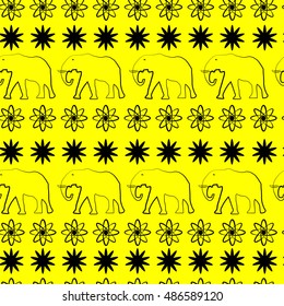 Beautiful seamless pattern with abstract signs and elephant on the yellow background. Outline style. Ethnic illustration. Vector image.