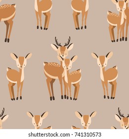 Beautiful seamless pattern with adult and baby deers on brown background. Backdrop with cute and funny cartoon forest animals. Vector illustration for textile print, wallpaper, wrapping paper.