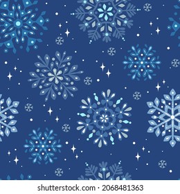 Hermoso patrón impecable con asombrosos copos de nieve. Ilustración vectorial. Fondo invernal para diseño de Navidad o Año Nuevo. Motivos de invierno