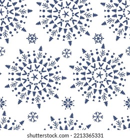 Beautiful seamless pattern with amazing snowflakes circle. Vector illustration. Winter background for Christmas or New Year design. Winter motifs