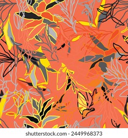 A beautiful seamless pattern of amber leaves and orange flowers on a woody plant branch, creating a stunning artwork painted on a red background