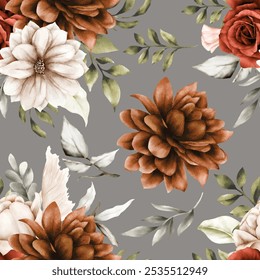 beautiful seamless pattern autumn flower and leaves watercolor