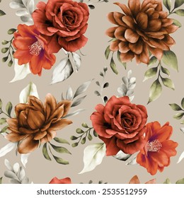beautiful seamless pattern autumn flower and leaves watercolor