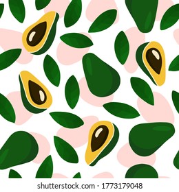 Beautiful seamless pattern with avocado. Abstract pink spots on the background. Juicy and tasty fruits. Yellow and green fruits with seeds. Halved avocado. Color illustration in flat style.