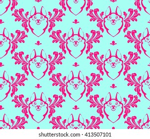 Beautiful seamless pattern background with cute and funny husky dog. Vector illustration.