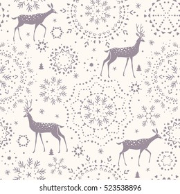 Beautiful seamless pattern background with gorgeous deers and snowflake. Amazing winter holiday wallpaper for your design. Vector illustration